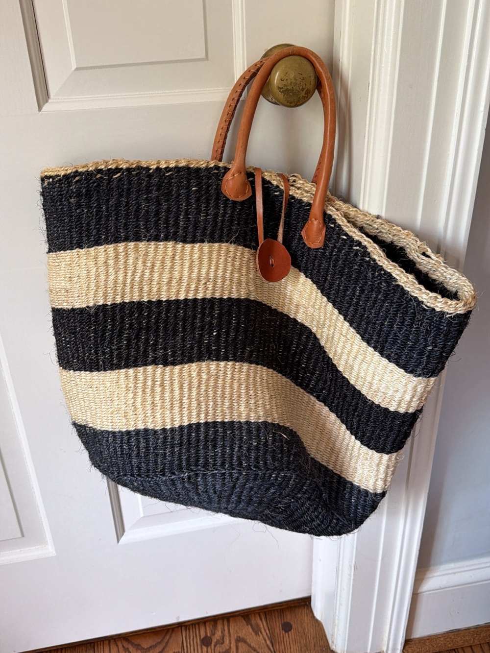 Striped Black & Natural Straw Tote with Tan Leather Handles